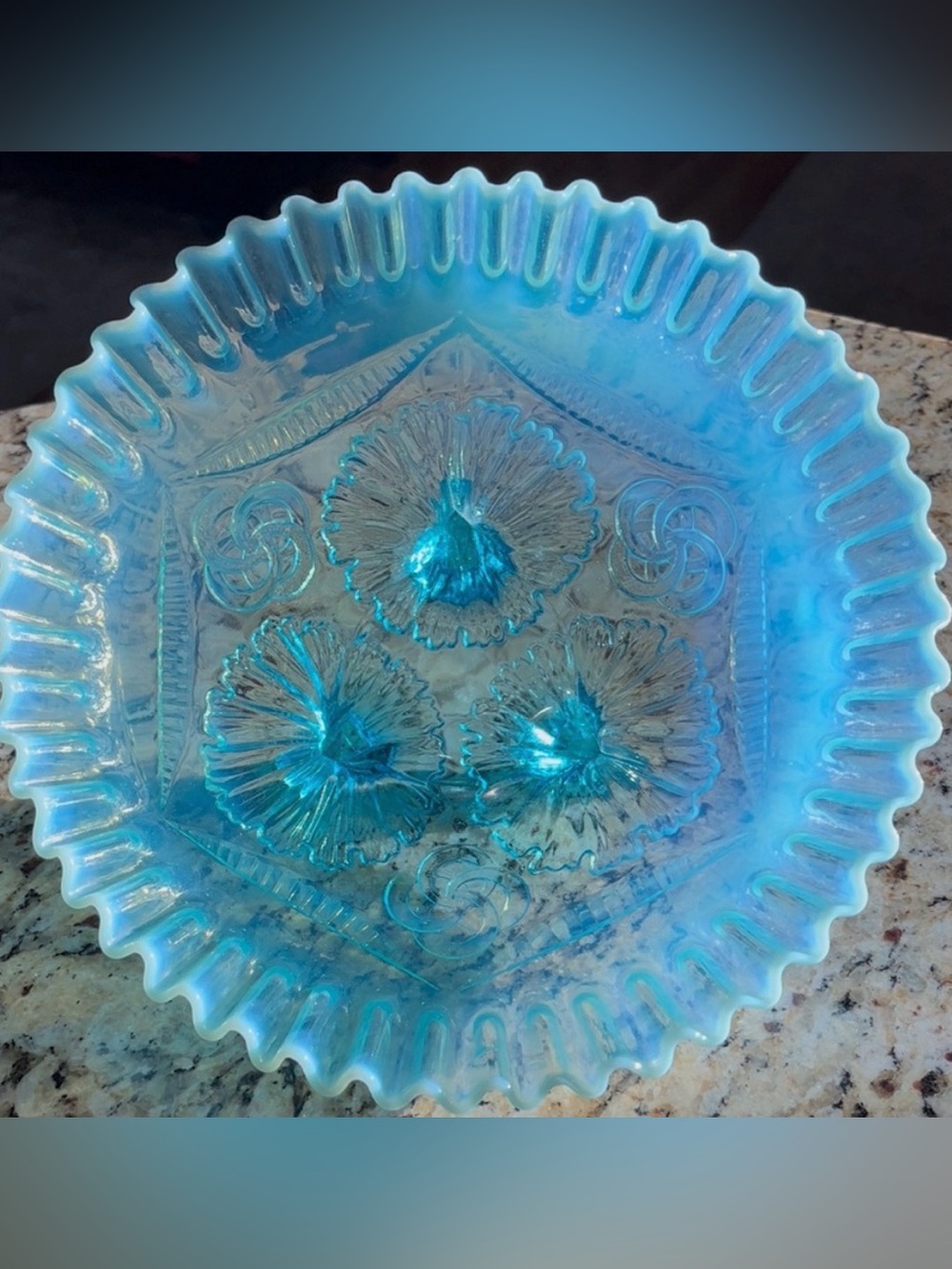 Antique Northwood Blue Opalescent Three Flowers Ruffled Bowl EAPG Vaseline Glow